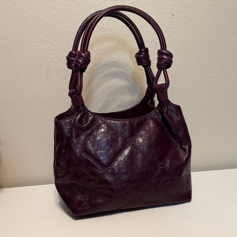 Oscar de la Renta Burgundy Leather Tote Knotted Handles Zip Center Compartment
